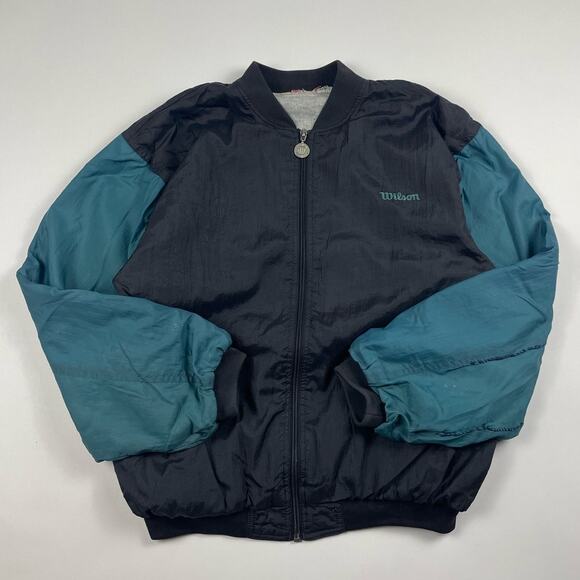 Vintage 90s Wilson Black & Green Windbreaker Gym Athletic Jacket Medium - Picture 2 of 8